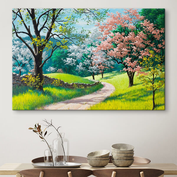 Un chemin de terre traversant un champ herbeux avec des arbres et un mur de pierre Un chemin de terre traversant un champ herbeux avec des arbres et un mur de pierre