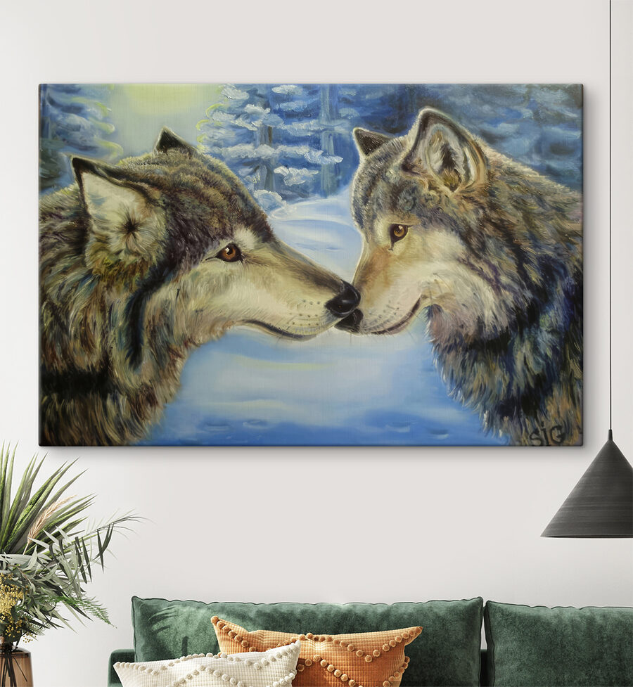 Une peinture de deux loups s'embrassant