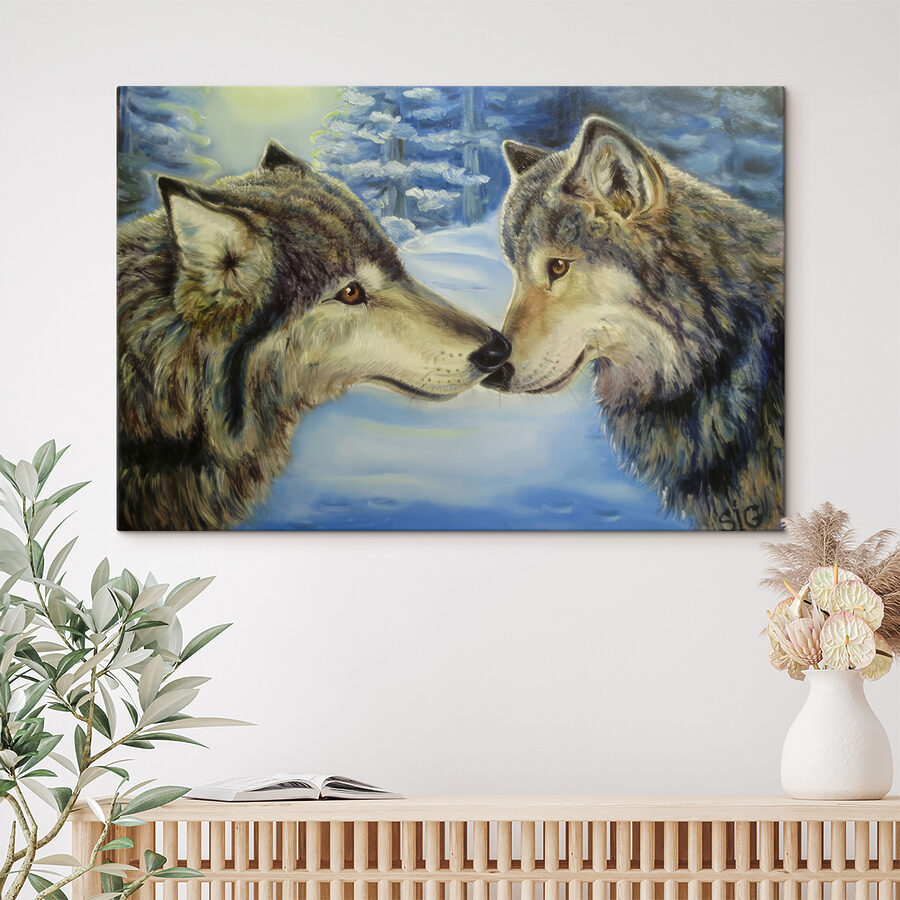 Une peinture de deux loups s'embrassant