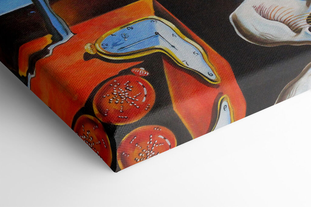 A painting of a cat with a clock on it