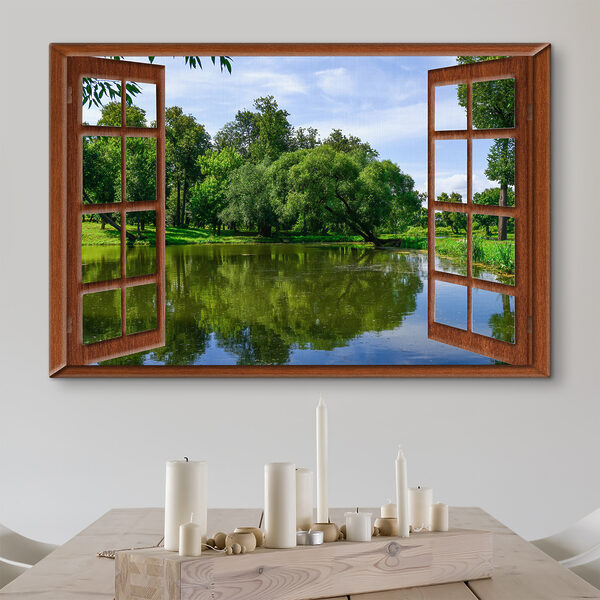 Une fenêtre avec un lac et des arbres Une fenêtre avec un lac et des arbres