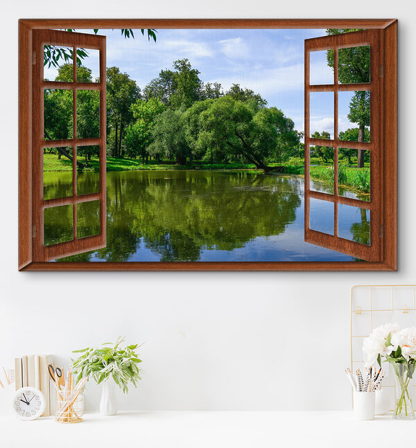 Une fenêtre avec un lac et des arbres Une fenêtre avec un lac et des arbres