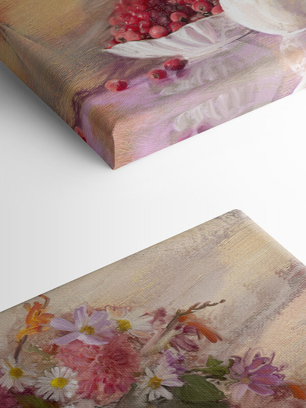 Une peinture de fleurs dans un vase et un bol de croissants Une peinture de fleurs dans un vase et un bol de croissants