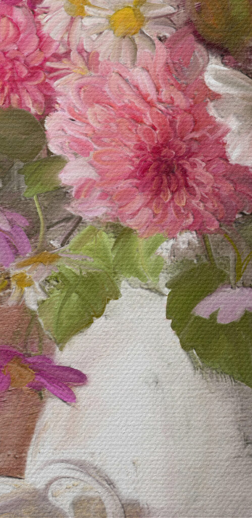 A painting of flowers in a vase and a bowl of croissants