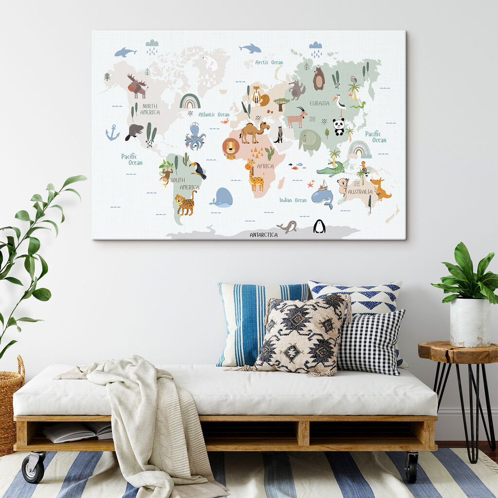 A map of the world with animals