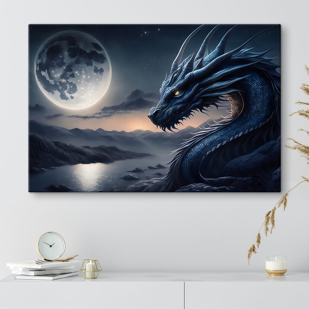 A blue dragon with a moon in the background