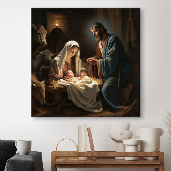 Peinture représentant un homme et une femme dans une mangeoire avec des animaux autour. Peinture représentant un homme et une femme dans une mangeoire avec des animaux autour.