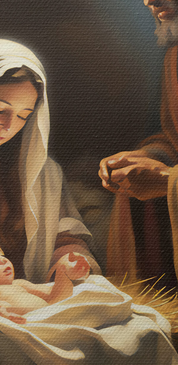 Peinture représentant un homme et une femme dans une mangeoire avec des animaux autour. Peinture représentant un homme et une femme dans une mangeoire avec des animaux autour.