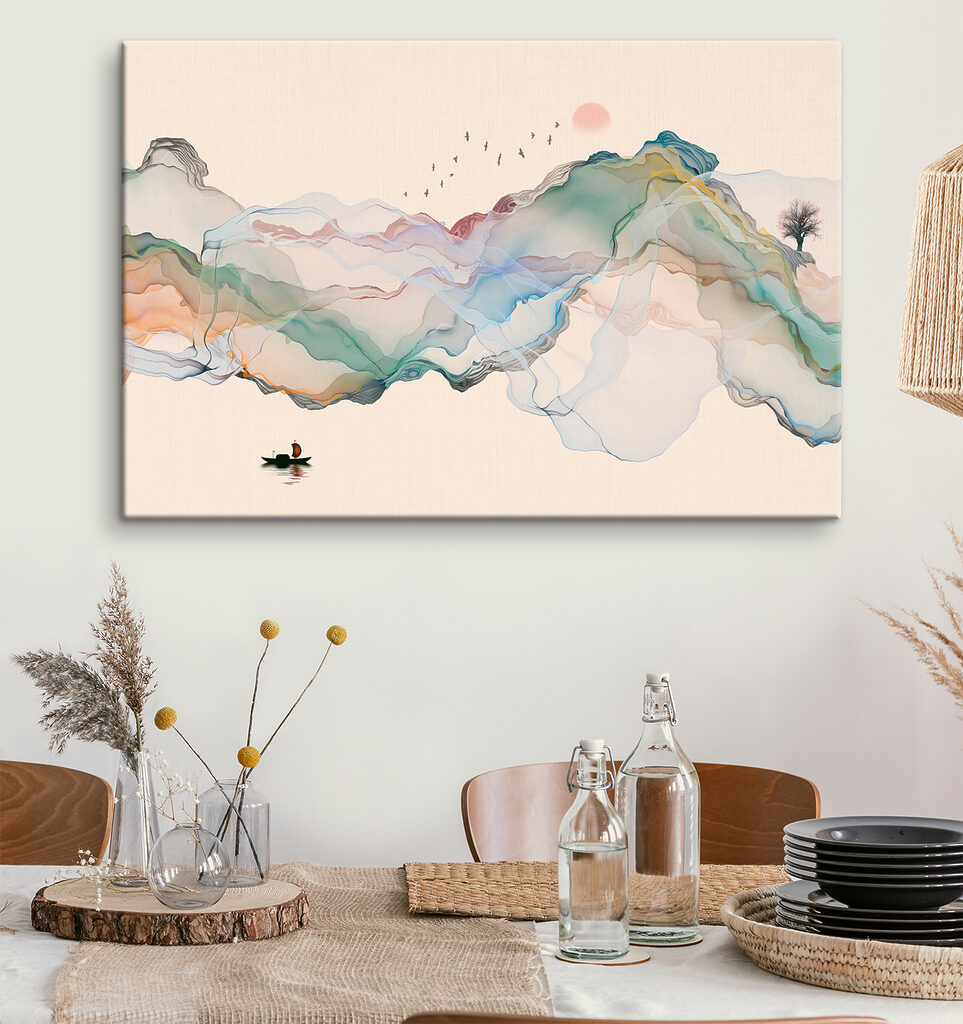 A painting of a boat in the water