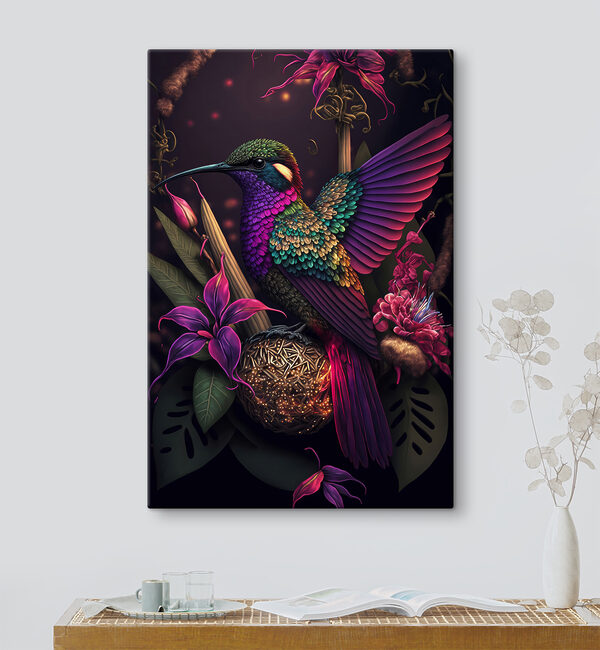 Un oiseau coloré assis sur une boule de fleurs Un oiseau coloré assis sur une boule de fleurs