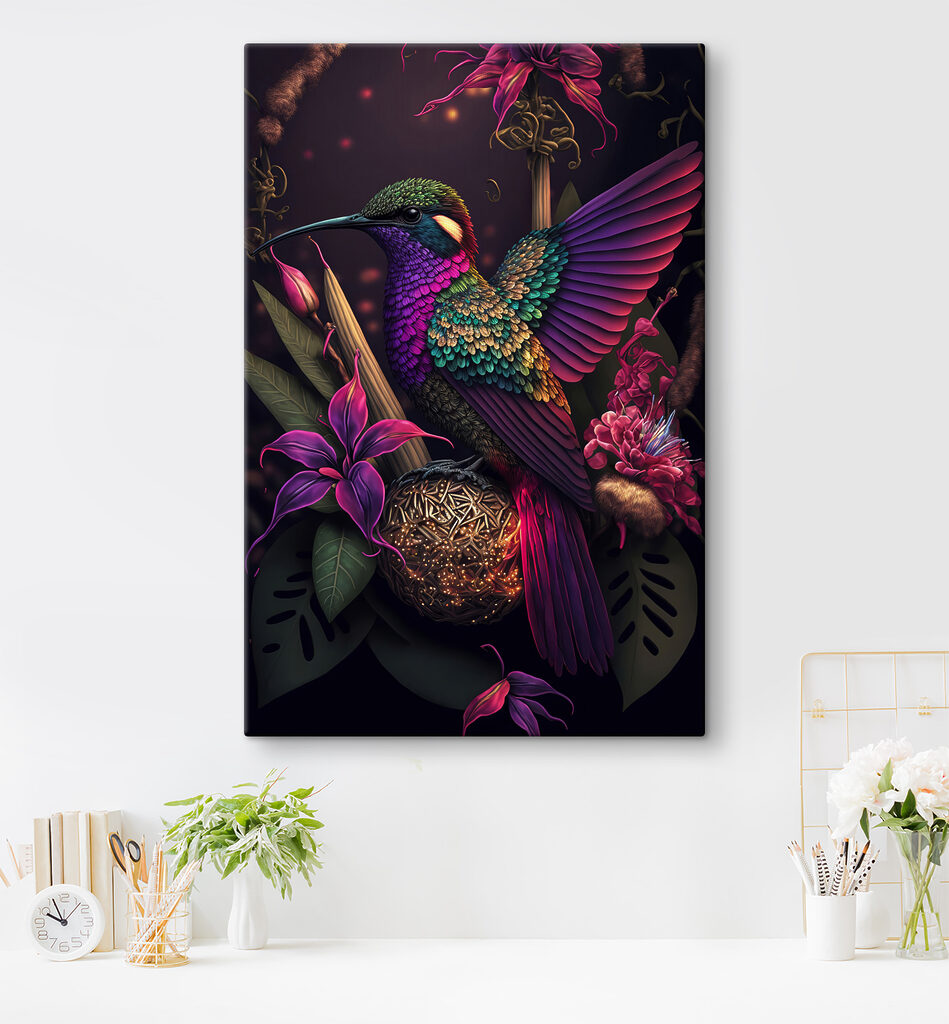 A colorful bird sitting on a ball of flowers