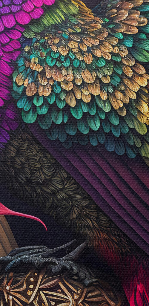 A colorful bird sitting on a ball of flowers