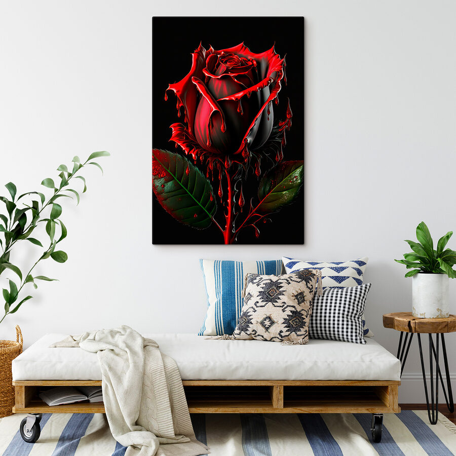 Une rose rouge avec des feuilles vertes et des gouttes de peinture rouge Une rose rouge avec des feuilles vertes et des gouttes de peinture rouge