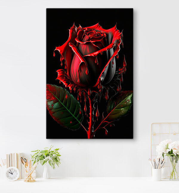 Une rose rouge avec des feuilles vertes et des gouttes de peinture rouge Une rose rouge avec des feuilles vertes et des gouttes de peinture rouge