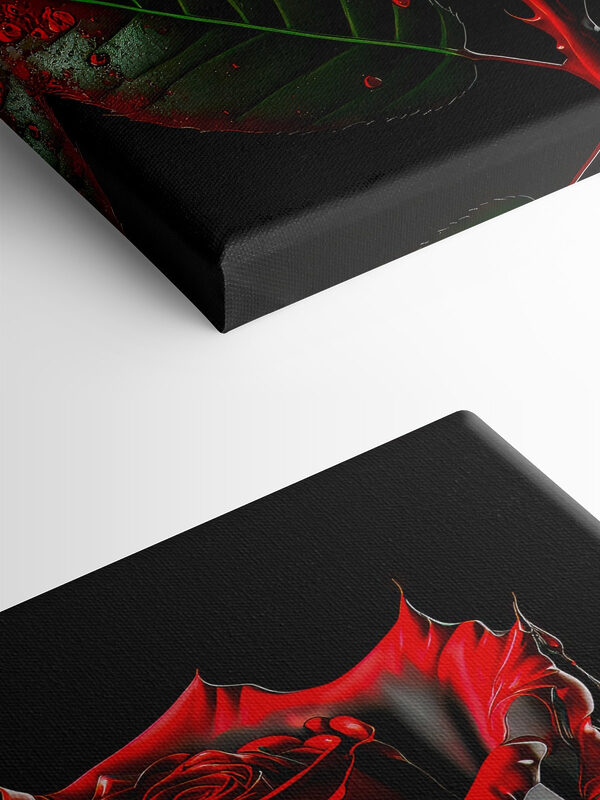 Une rose rouge avec des feuilles vertes et des gouttes de peinture rouge Une rose rouge avec des feuilles vertes et des gouttes de peinture rouge
