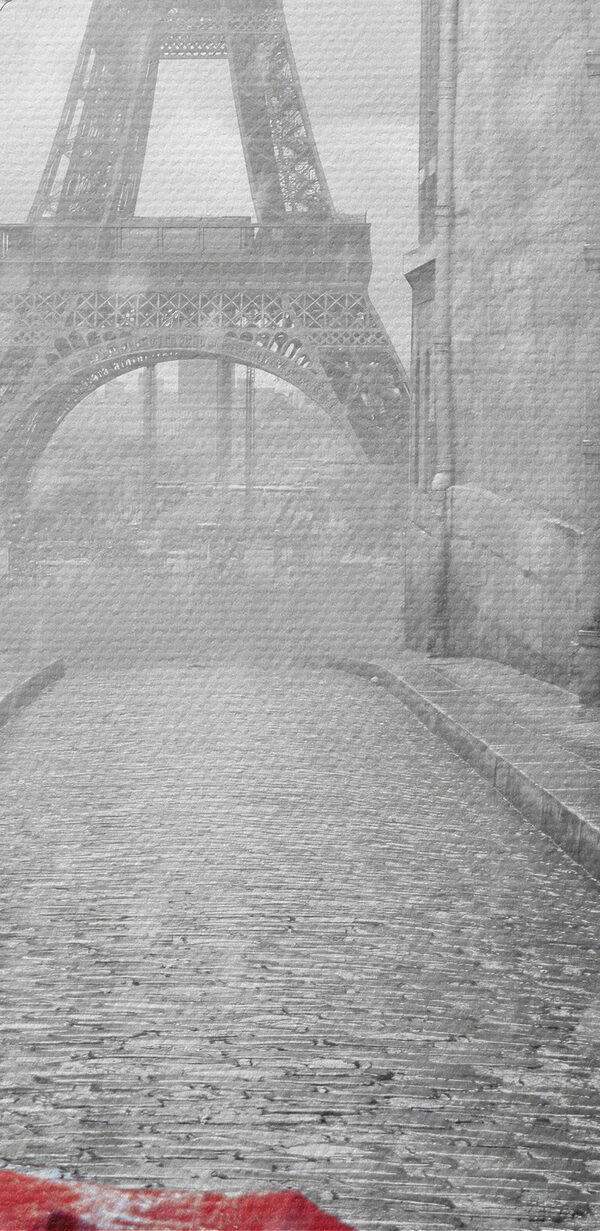 Un parapluie rouge dans une rue avec une tour en arrière-plan Un parapluie rouge dans une rue avec une tour en arrière-plan