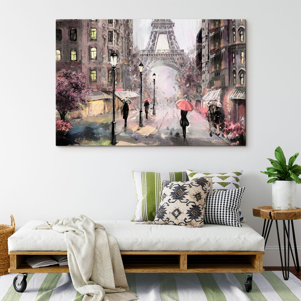 A painting of people walking with umbrellas in a city
