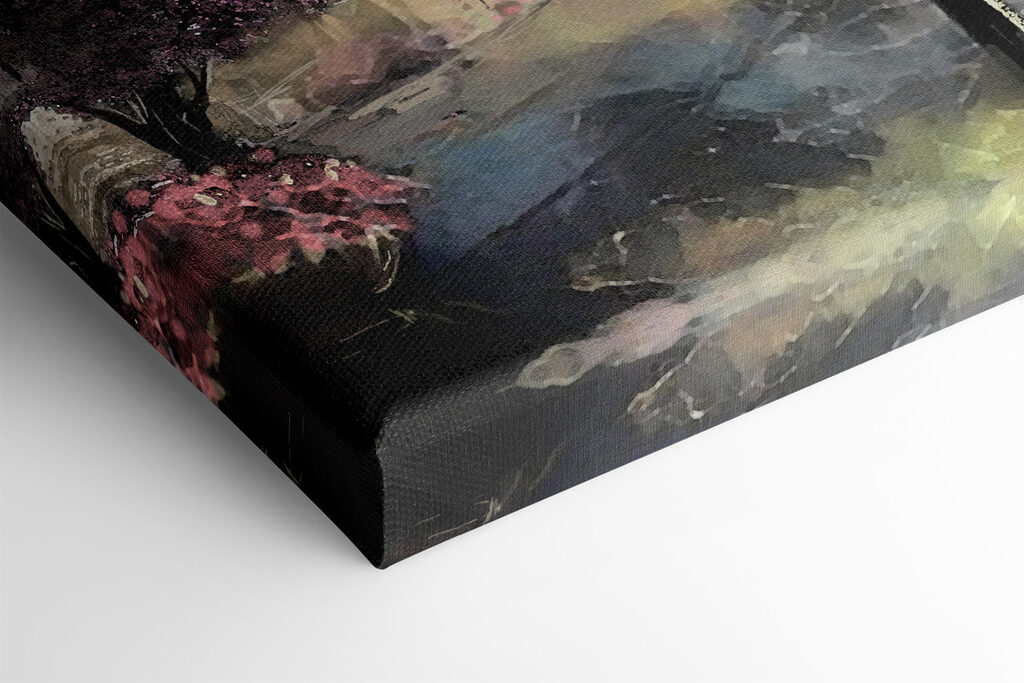 A painting of people walking with umbrellas in a city