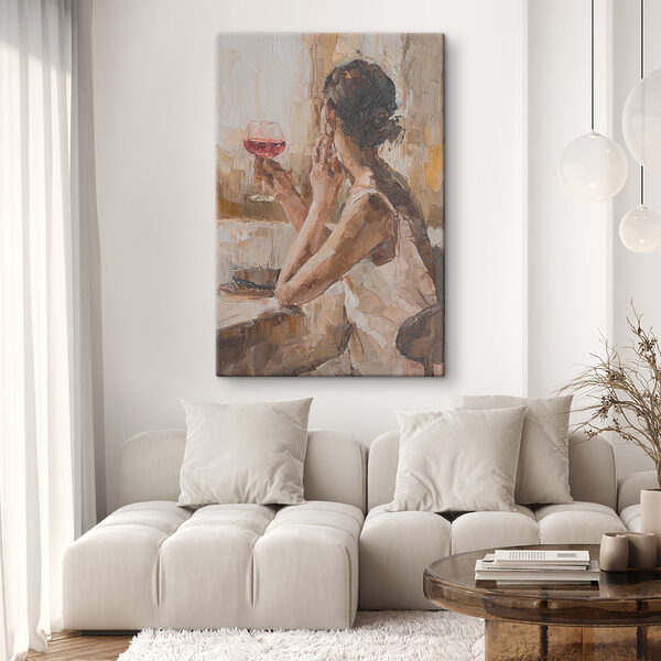 A painting of a woman holding a glass of wine