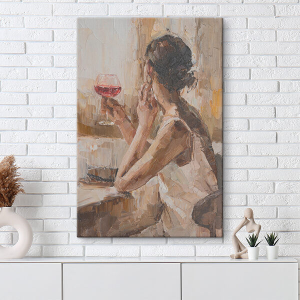 A painting of a woman holding a glass of wine