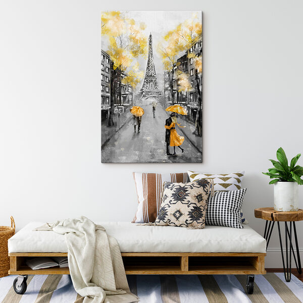 Peinture d'une rue avec des personnes marchant sous un parapluie Peinture d'une rue avec des personnes marchant sous un parapluie