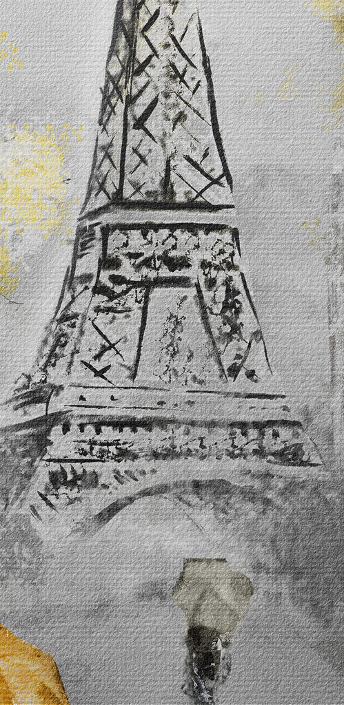 A painting of a street with people walking under an umbrella