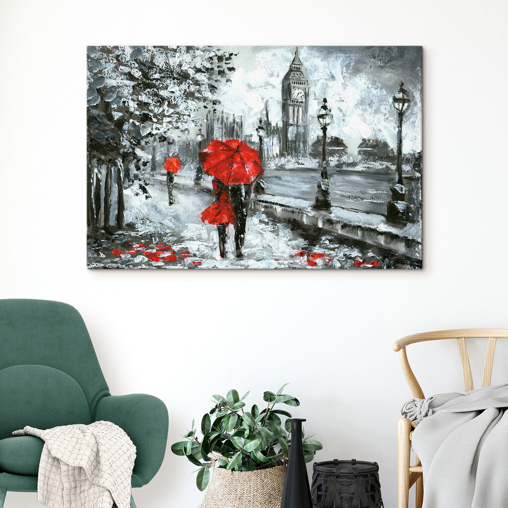 A painting of a couple holding umbrellas in a snowy city A painting of a couple holding umbrellas in a snowy city