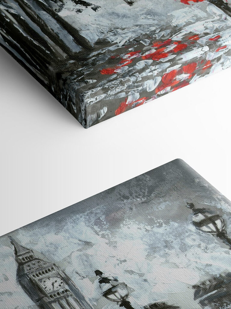 A painting of a couple holding umbrellas in a snowy city A painting of a couple holding umbrellas in a snowy city