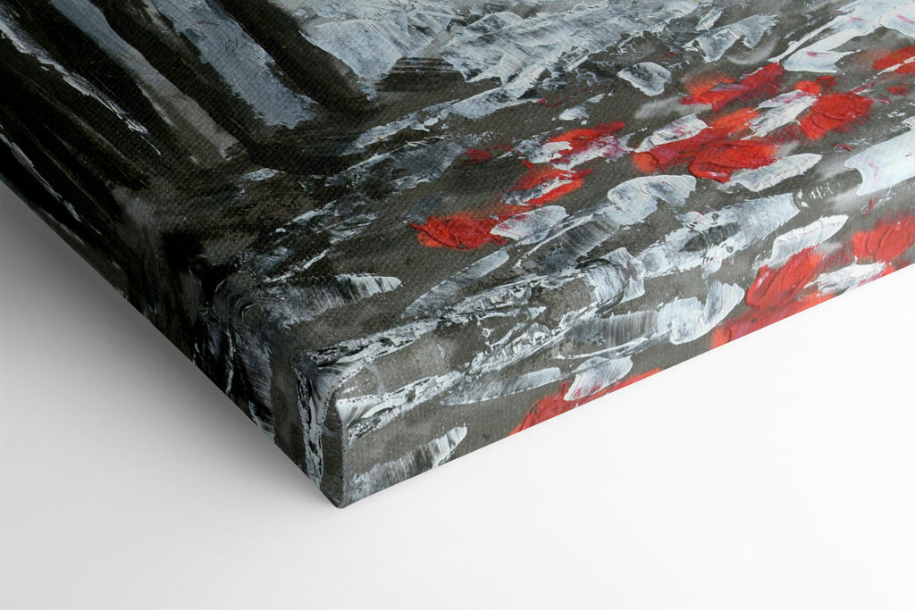 A painting of a couple holding umbrellas in a snowy city A painting of a couple holding umbrellas in a snowy city