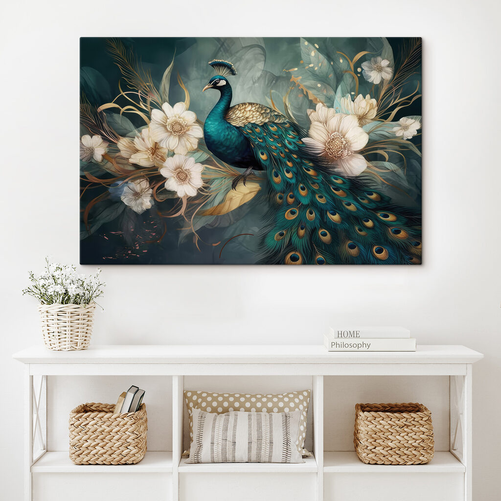 Paon assis sur une branche avec des fleurs s34866pig407ms 1024x1024 - Paon assis sur une branche avec des fleurs
