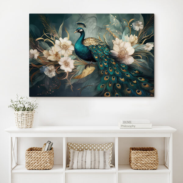 Paon assis sur une branche avec des fleurs s34866pig407ms 600x600 - Paon assis sur une branche avec des fleurs