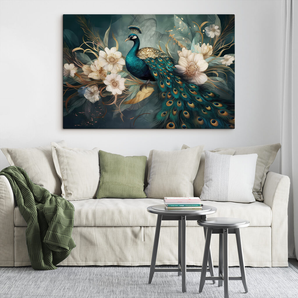 Paon assis sur une branche avec des fleurs s34866pig410s 1024x1024 - Paon assis sur une branche avec des fleurs