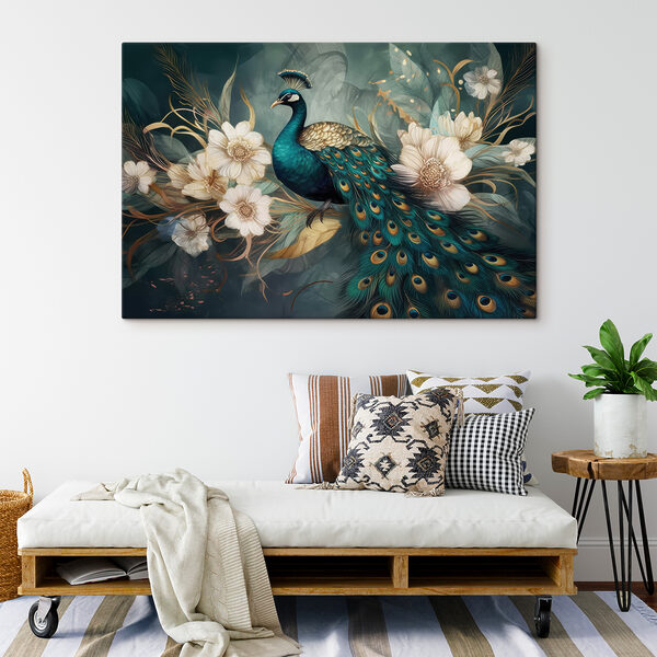 Paon assis sur une branche avec des fleurs s34866pig412s 600x600 - Paon assis sur une branche avec des fleurs