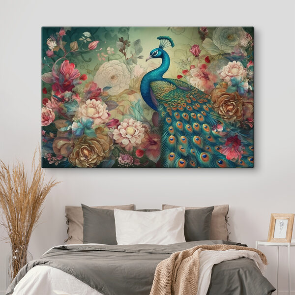 A peacock with flowers and leaves A peacock with flowers and leaves