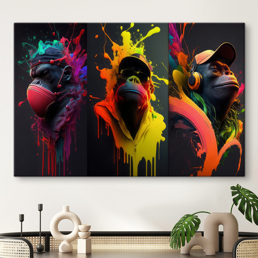 Collage d'images d'un singe avec des éclaboussures de peinture colorée.