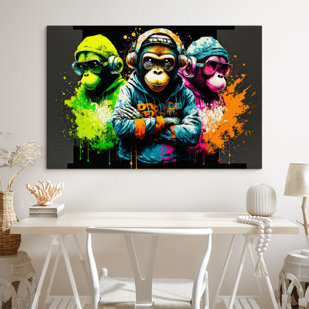 A group of monkeys wearing headphones and hoodies A group of monkeys wearing headphones and hoodies