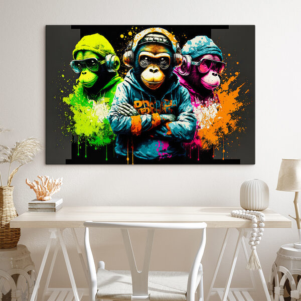 A group of monkeys wearing headphones and hoodies A group of monkeys wearing headphones and hoodies