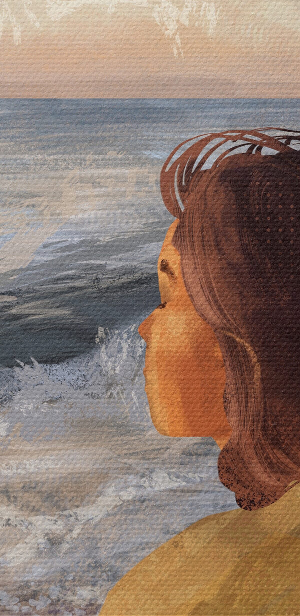 Une femme assise sur une plage regardant l'océan Une femme assise sur une plage regardant l'océan