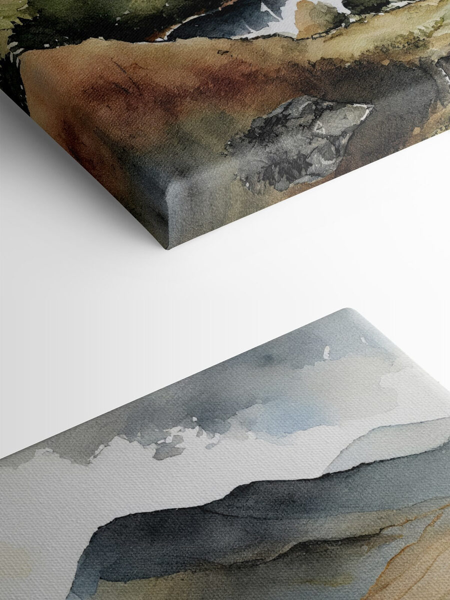 Aquarelle d'un lac entouré de montagnes