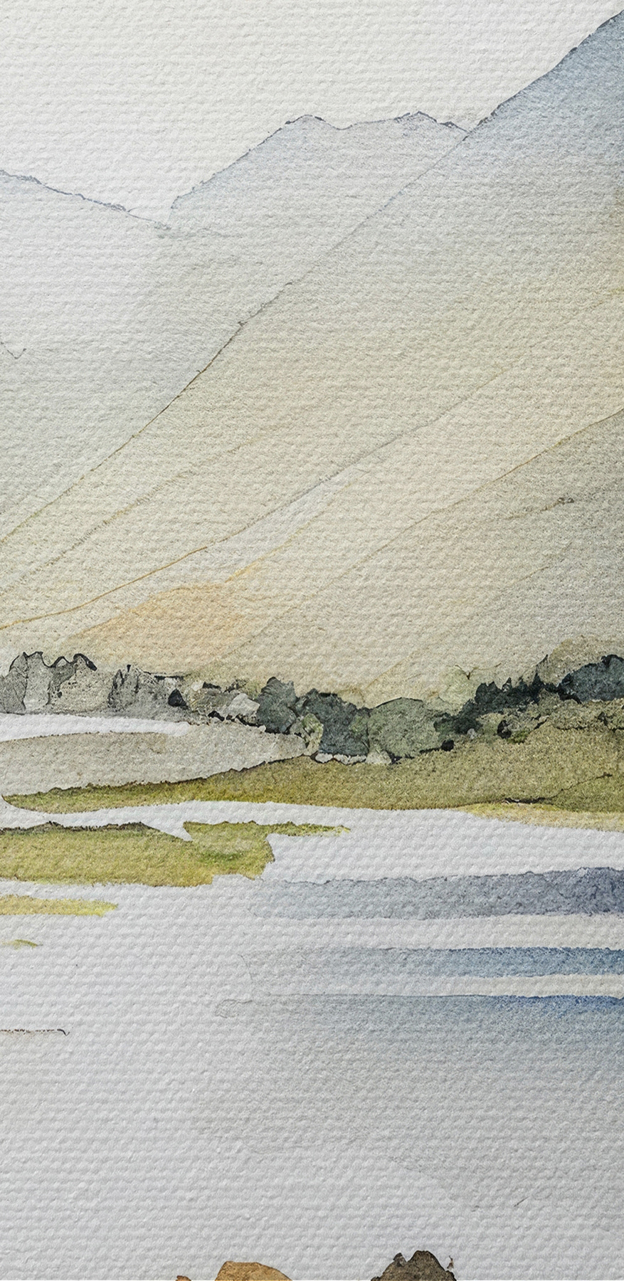 Aquarelle d'un lac entouré de montagnes