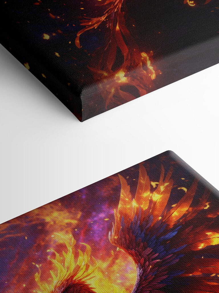 A bird with wings spread and flames in the background