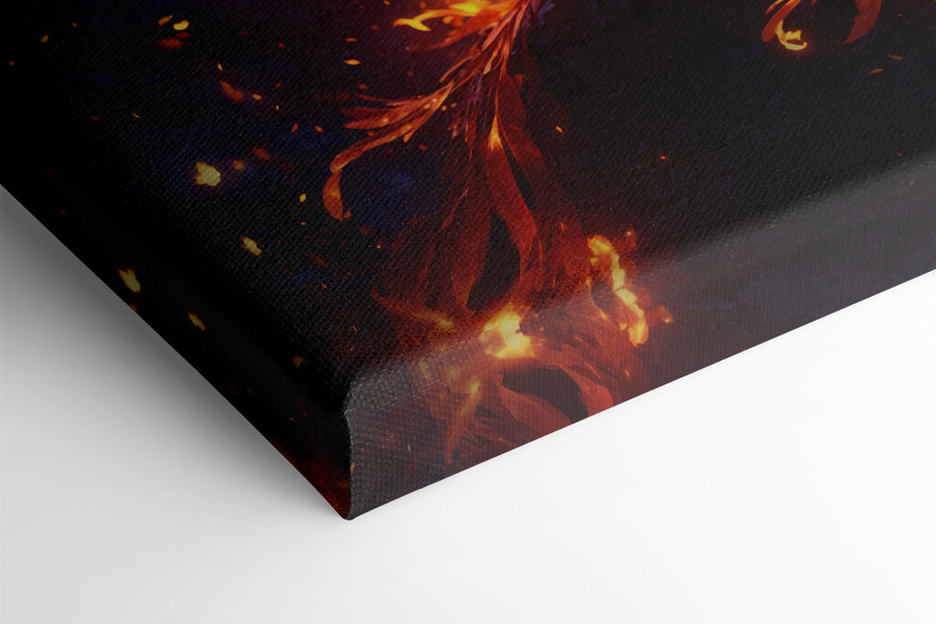 A bird with wings spread and flames in the background