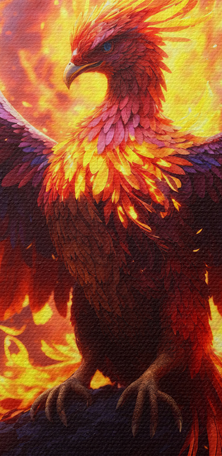 Un oiseau aux ailes déployées et des flammes en arrière-plan