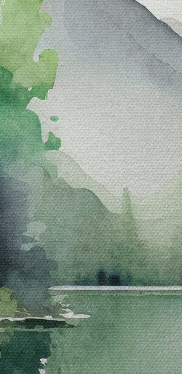 Aquarelle d'un lac entouré d'arbres et de montagnes Aquarelle d'un lac entouré d'arbres et de montagnes