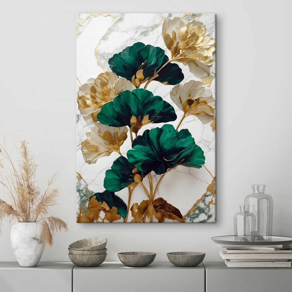 A green and white flowers on a marble surface A green and white flowers on a marble surface