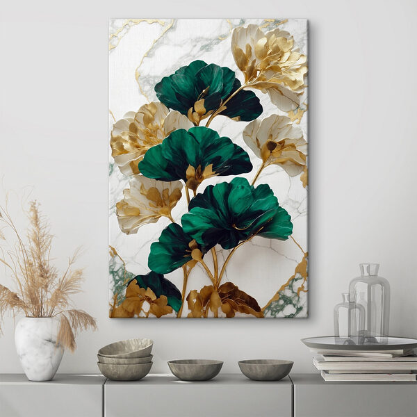 A green and white flowers on a marble surface A green and white flowers on a marble surface