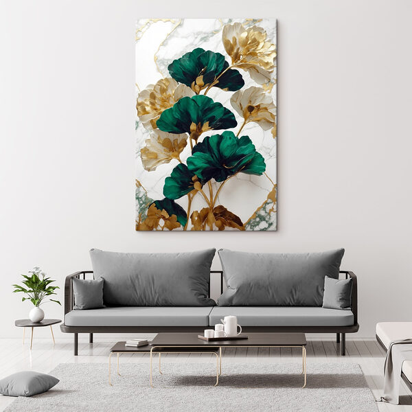 A green and white flowers on a marble surface A green and white flowers on a marble surface