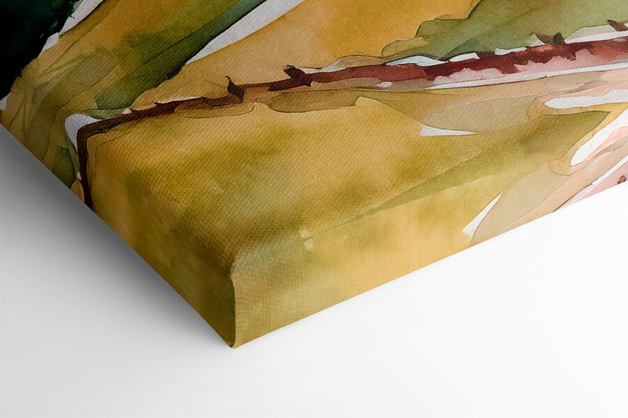 Aquarelle d'une maison sur une colline avec des arbres et des collines