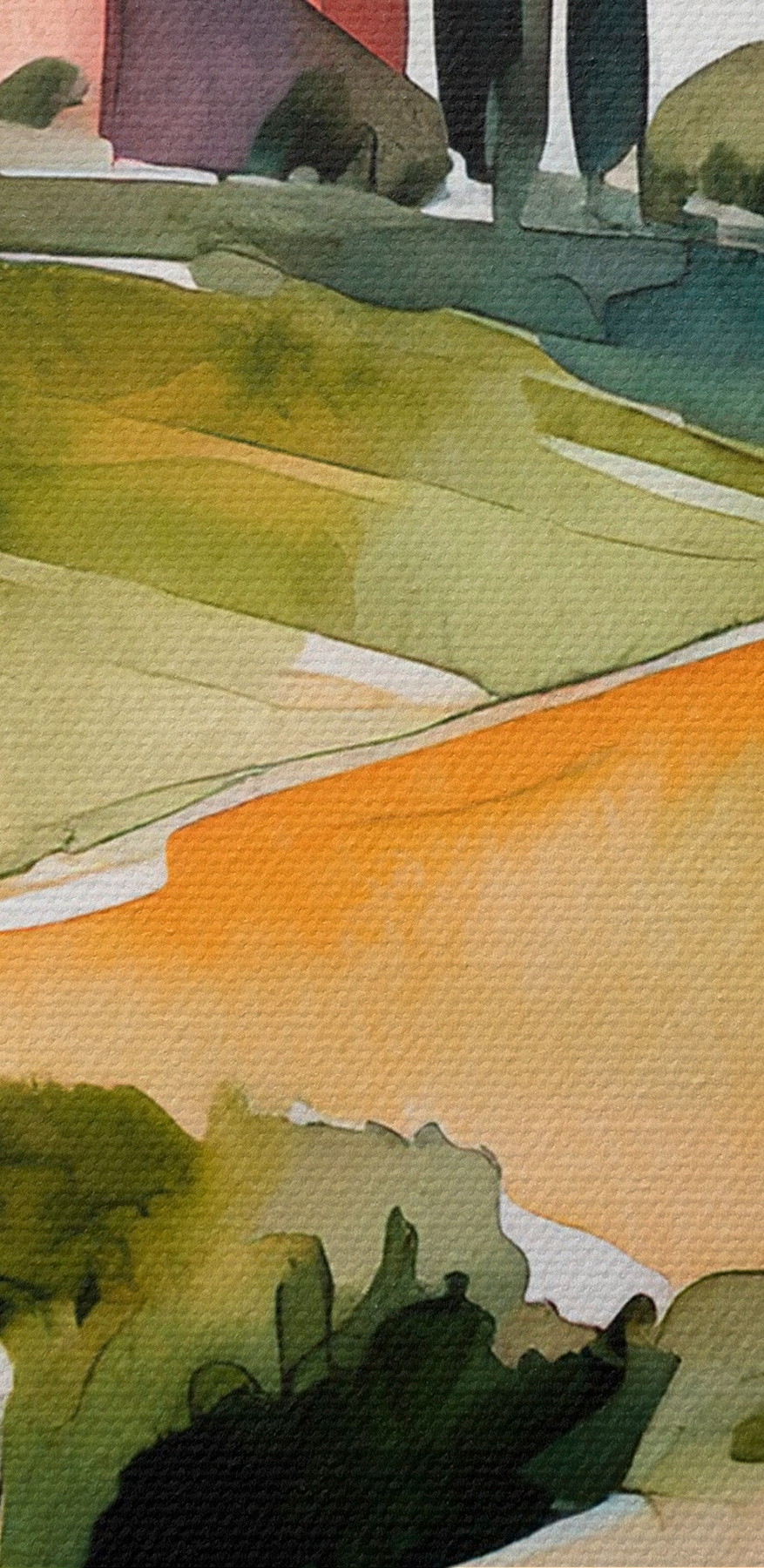 Aquarelle d'une maison sur une colline avec des arbres et des collines
