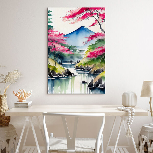 Aquarelle d'une montagne et d'arbres avec des fleurs roses Aquarelle d'une montagne et d'arbres avec des fleurs roses